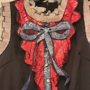 Black Sleeveless Dress with Red and Blue Bow Sequins.